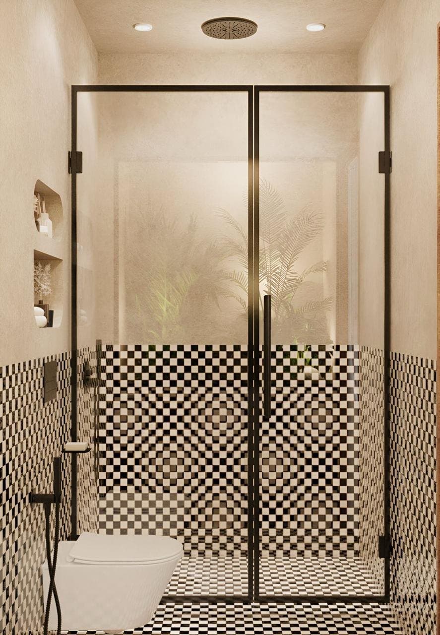 Bathroom with walk-in shower and patterned tiling