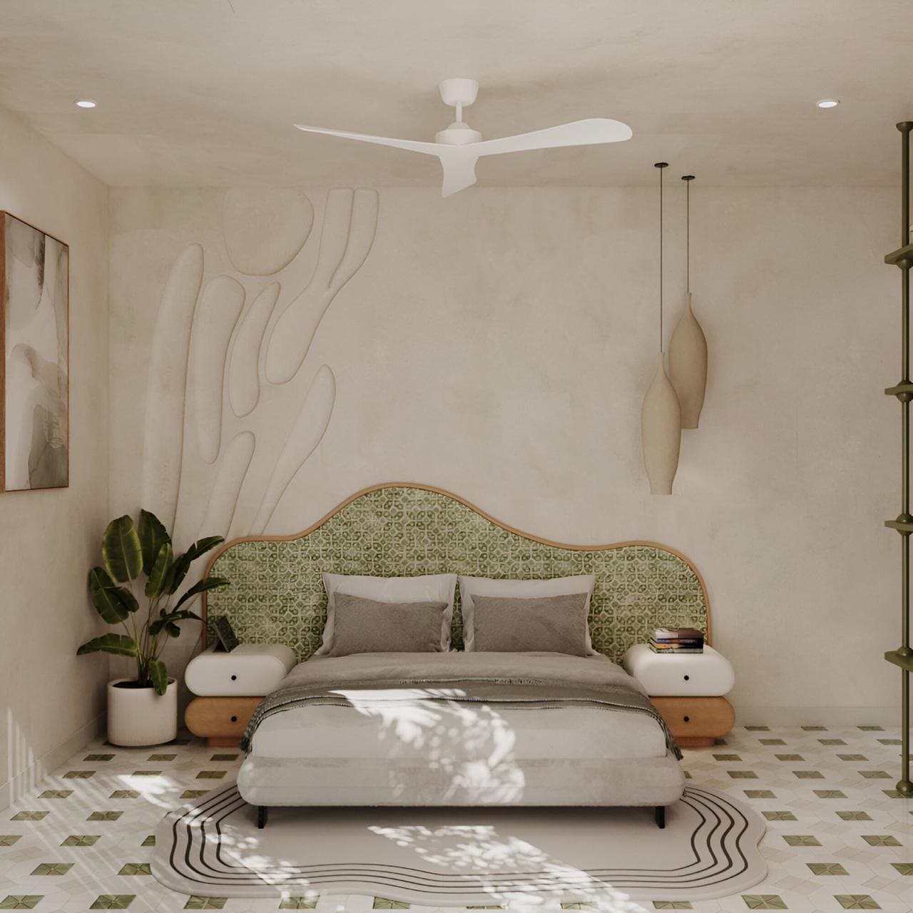 Principal bedroom with a sculpted headboard