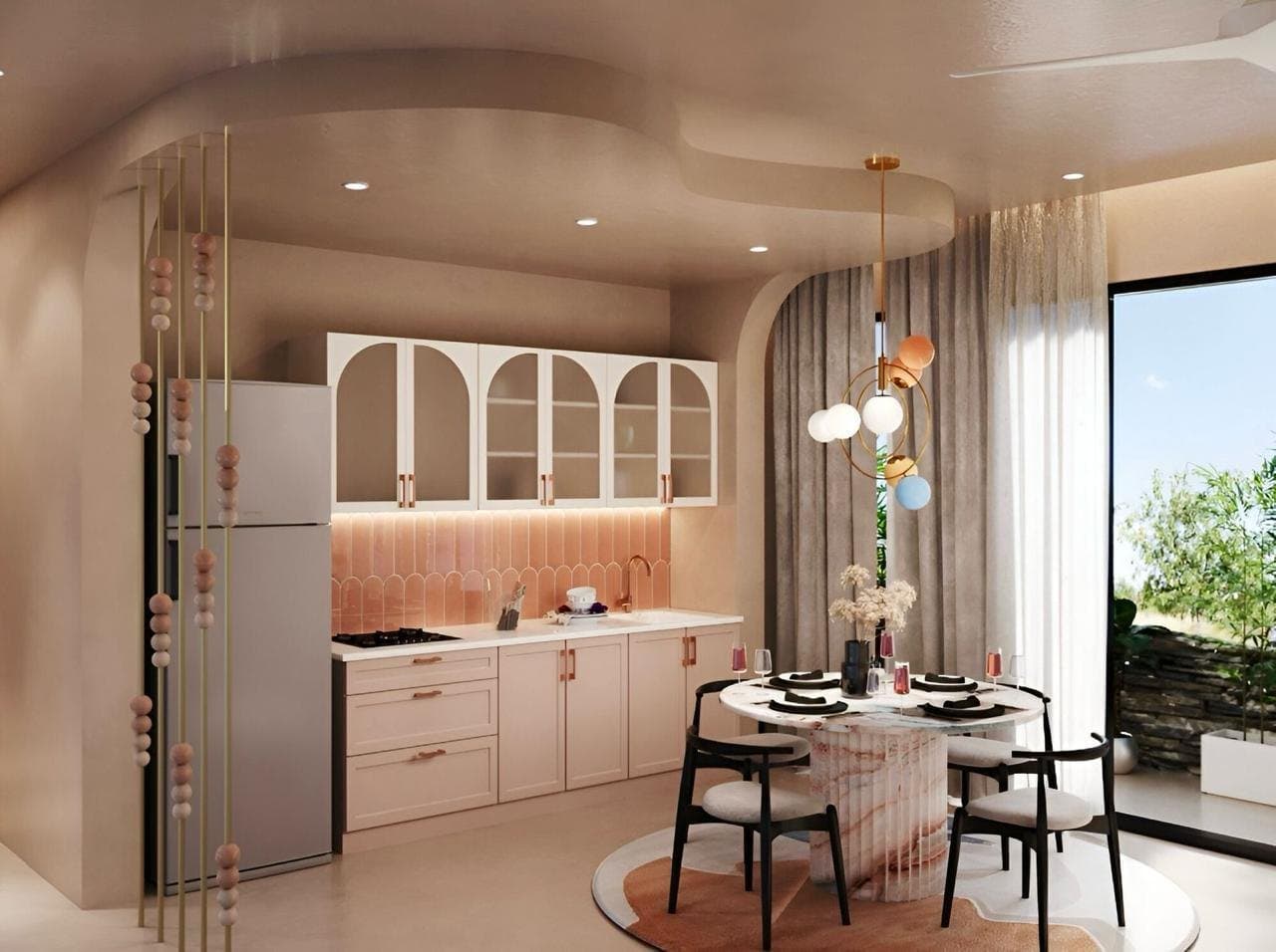 Modular kitchen with dining and soft natural light
