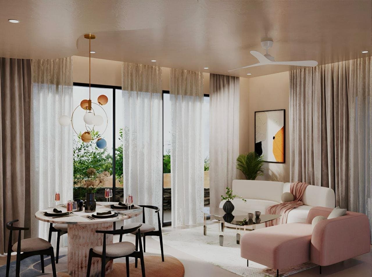 Open living and dining space with floor-to-ceiling glass