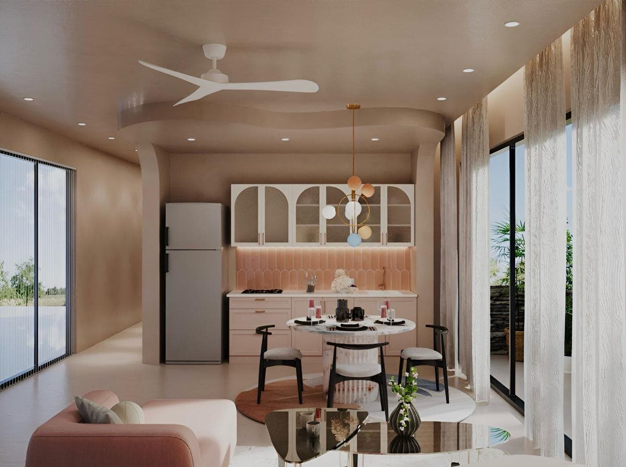 Living and dining in a soft, warm palette