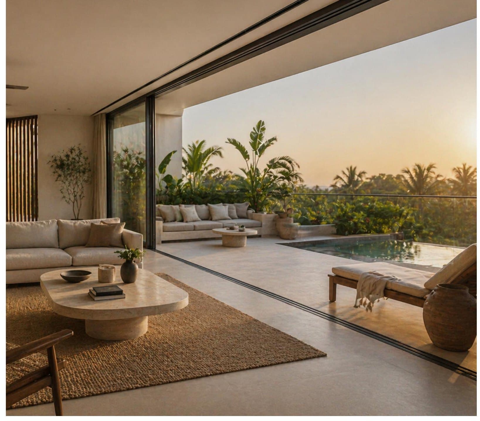Penthouse terrace with a private pool at golden hour